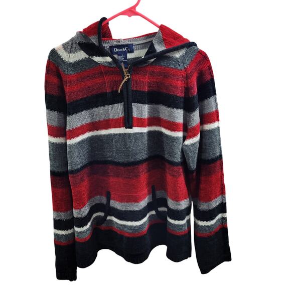 Denim&Co Sweaters - Denim & Co Chunky Red, Black & Gray Pullover Sweater With Hood Size L 122623-586